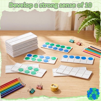 Soulchen 48 Sets Plastic Ten Frames for Classroom Math Manipulatives for Kids Classroom Math Counters Supplies Including 48 Plastic Ten Frames, 480 Counters for Teach Number Concepts (Blue, Green)