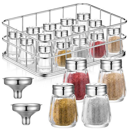 Baderke 20 Pcs 0.5 oz Cube Shape Mini Salt and Pepper Shakers Small Glass Seasoning Jars with Rack and Funnels Tiny Spice Shakers for Wedding Party Restaurant Kitchen Supplies(Silver)