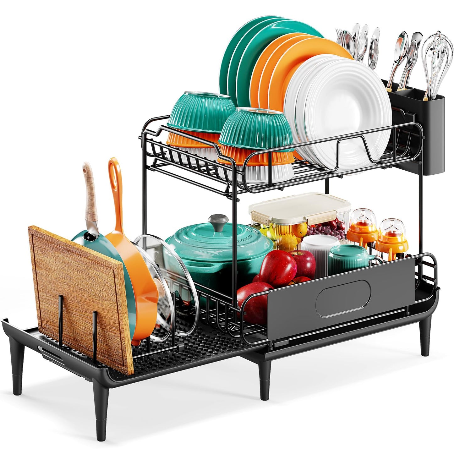 Extendable Dish Drying Rack for Kitchen Counter, Large Expandable Dish Rack with Multifunctional Drainboard for Pan Pot, Collapsible dish drainer, Foldable Plate Strainer for Home Countertop Storage