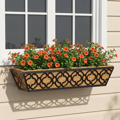 Y&M 4pcs 24 Inch Window Deck with Coconut Coir Liner, 24" Railing Planter Horse Trough Coco Basket Boxes Metal Hanging Flower Balcony for Outdoor Garden Fence Lawn