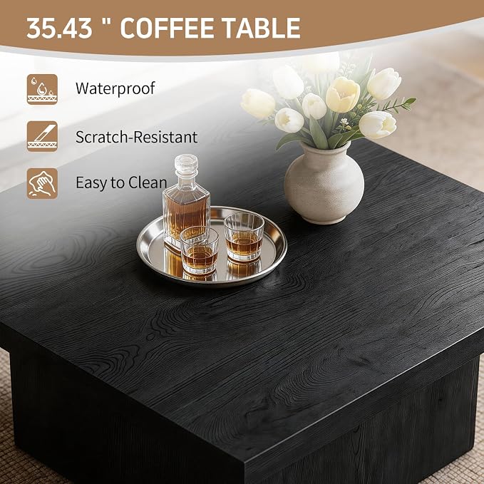 Square Coffee Table,Wooden Living Room Table,Center Table with a Large Tabletop,35.4" x 35.4",for Small Spaces, Apartments, Living Rooms, Black
