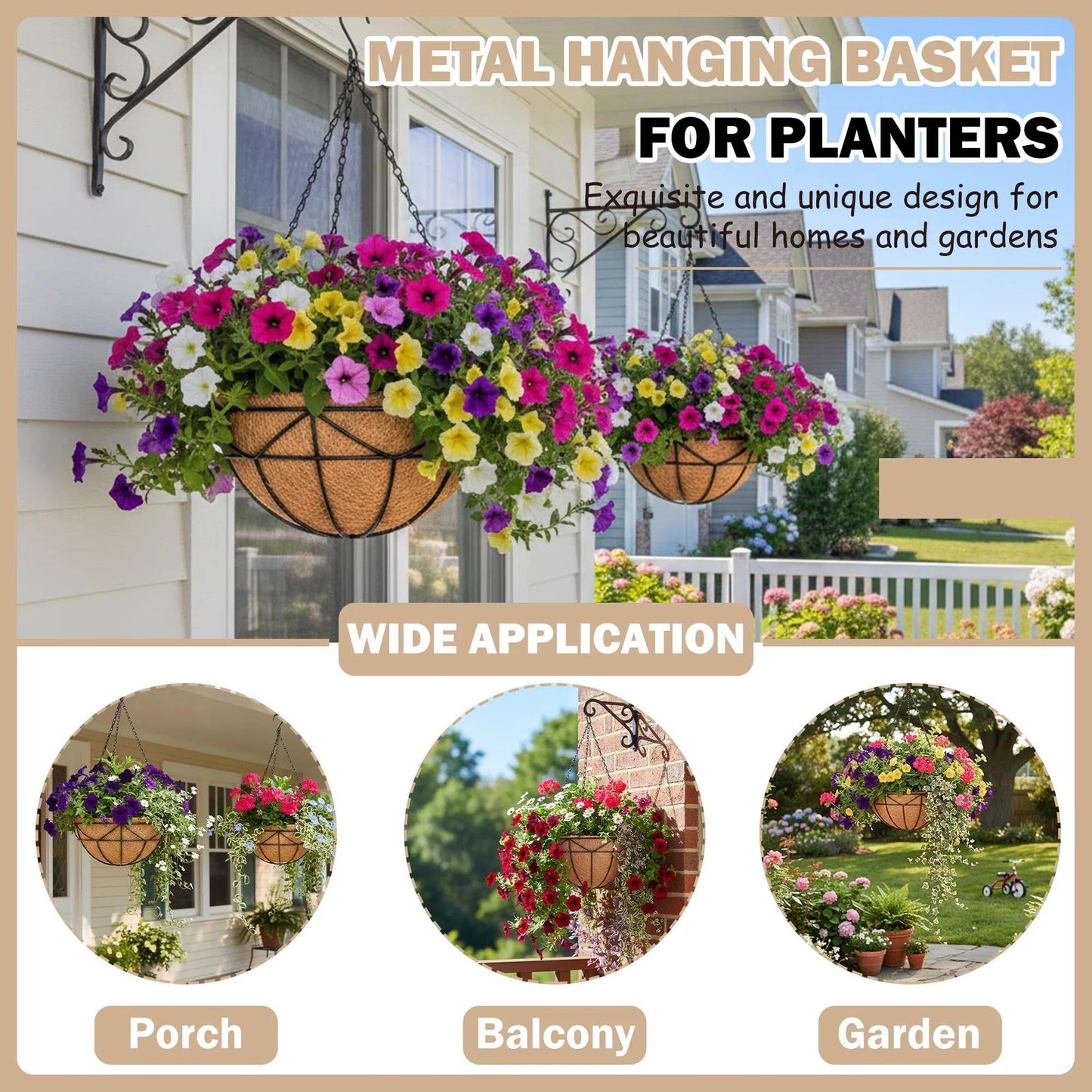 KIDYBELL Hanging Baskets for Outdoor Plants (12 inch 2 Pack) Black Metal Wire Flower Basket Coconut Coir Hanging Planters with Chain Indoor Plant Holder for Patio Garden Balcony