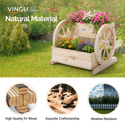 VINGLI Cute Wooden Wagon Planter Box with Storage, Rustic Wheel Planter Decor for Flowers, Herbs, Vegetables - Patio, Balcony, Garden, Backyard - Indoor Outdoor Bench Cart 2 Tires (Natural Wood)