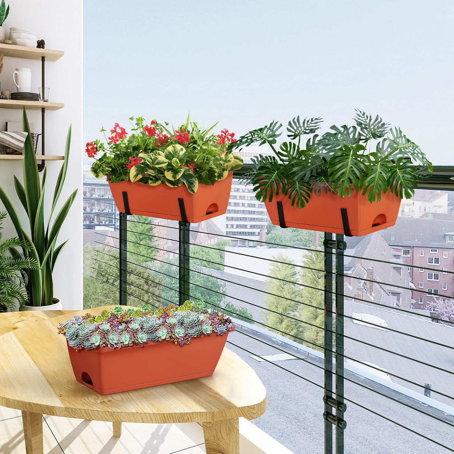 ETELI Railing Planter Box 6 Pack Balcony Planters Railing Hanging with Metal Brackets Window Boxes Deck Rail Planter for Outdoor Indoor Porch Garden Patio, Red & Black