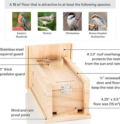 WHITEHORSE Bird House with Pole and 28" Baffle - A Bluebird House Built to NABS Specs - Nestbox for Various Songbird Species - Bluebird Box House - Weatherproof Bird Houses for Outdoors (15” Floor)