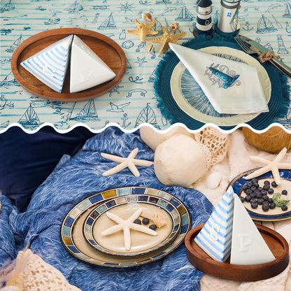 Qinyoung Ceramic Sailboat Salt and Pepper Shaker with Wooden Tray Blue White 5 Inch Kitchen Table Home Furnishings for Nautical Theme Party Summer Event