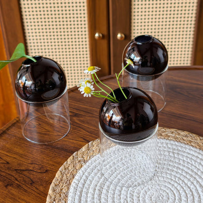 3-Pack Modular Black Glass Vase Set | Minimalist Aesthetics Bud Vase & Desktop Glass Planter with Clear Stand, Small Flower Vase