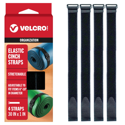 VELCRO Brand 30 Inch Elastic Straps 4 Pack, Use as Yoga Mat Straps, Fasten Outdoor Umbrellas, Wood, Tarps, Blankets, Poles and More, Stretchable and Adjustable for a Snug Fit