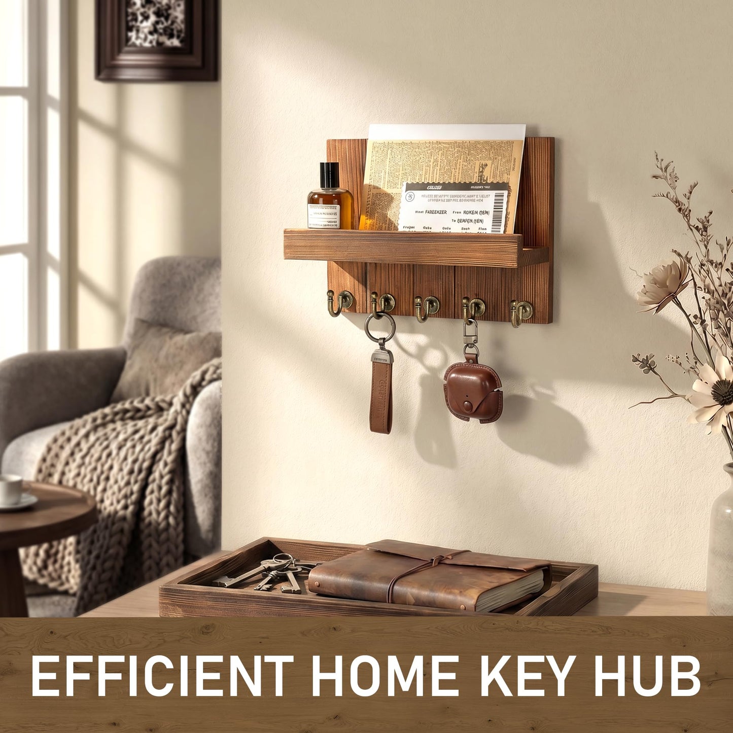 Rebee Vision Pine Wood Key Holder Wall Mount for Home Decor – Farmhouse Key Holder for Wall with Hooks & Floating Shelf – Ideal Mail Organizer for Home Organizaition (3.54" x 10" x 7.28", Retro Brown)