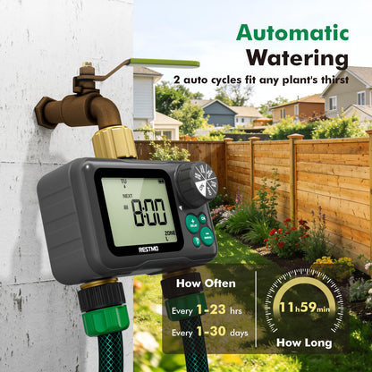 RESTMO Remote Control Brass Sprinkler Timer for Outdoor Hose Faucet 2 Zone, Max 11h59m Water Timer for Long Watering Soaker Hose, Misting with Large Dial, Rain Delay/Manual/Auto for Drip Irrigation