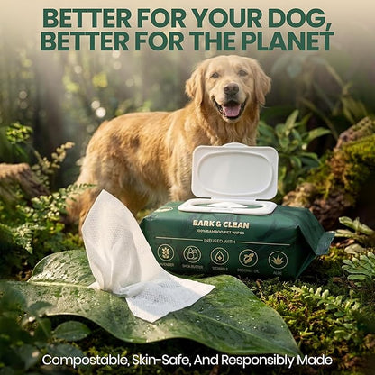 Bark & Clean Bamboo Dog Wipes for Cleaning & Deodorizing - 8.5" x 9" 110 Compostable Hypoallergenic Pet Wipes for Dogs - Paws, Butt & Body - Puppy Face, Ear & Eye Cloths - Pet Supplies