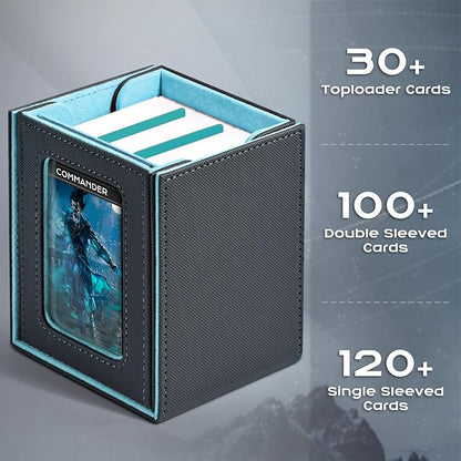 ZLCA MTG Deck Box with Commander Window Display, Commander Deck Box Holds 100 Double-Sleeved Cards Suitable for Magic the Gathering/TCG/CCG/PTCG/EDH/Sport Cards (Grey&Blue)