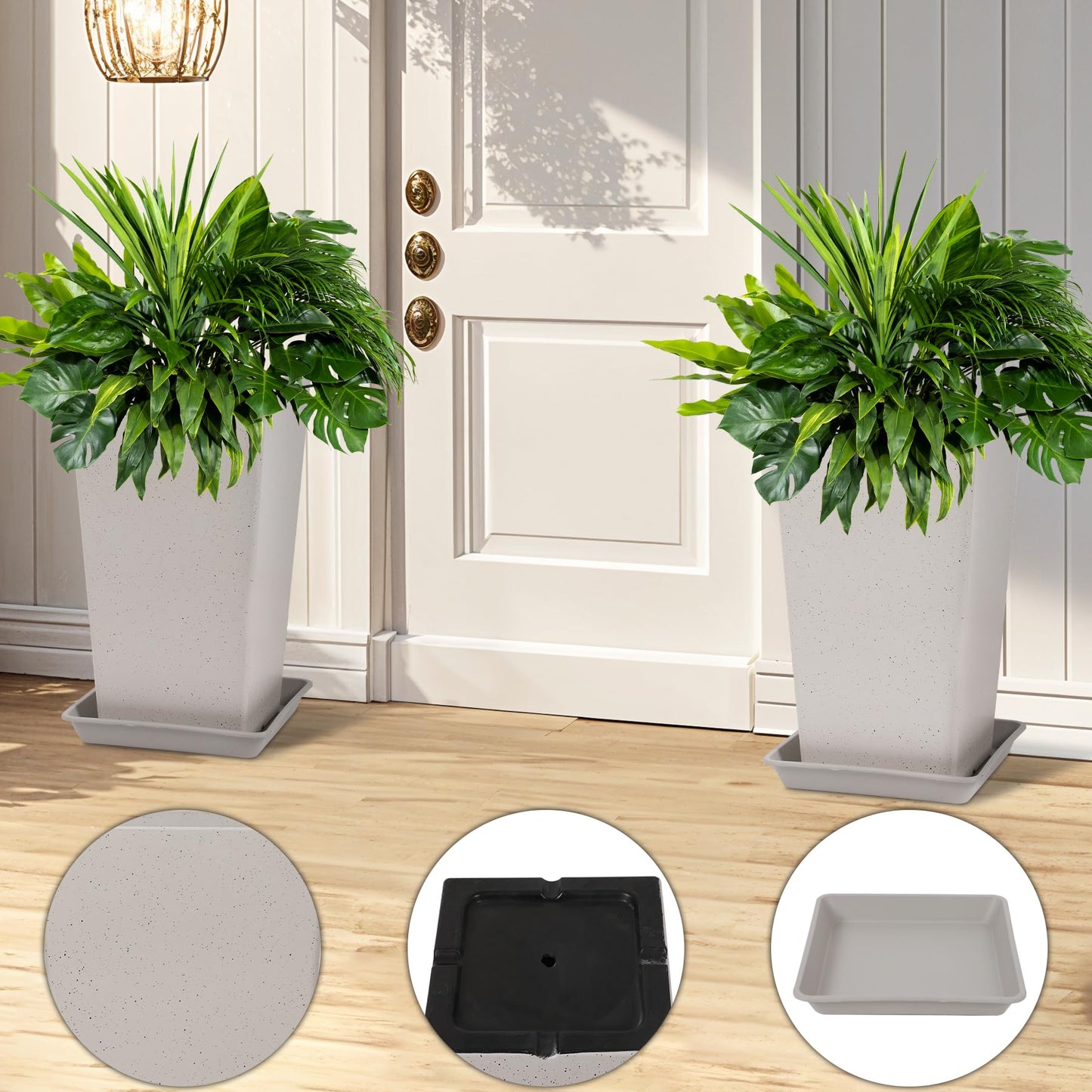 Neoaider Set of 2 Tall Planter, 21 inch Large Plastic Planter with Drain Hole & Saucers, Large Outdoor Planters for Porch, Garden, Patio, Balcony(Light Gray)