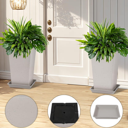 Neoaider Set of 2 Tall Planter, 21 inch Large Plastic Planter with Drain Hole & Saucers, Large Outdoor Planters for Porch, Garden, Patio, Balcony(Light Gray)