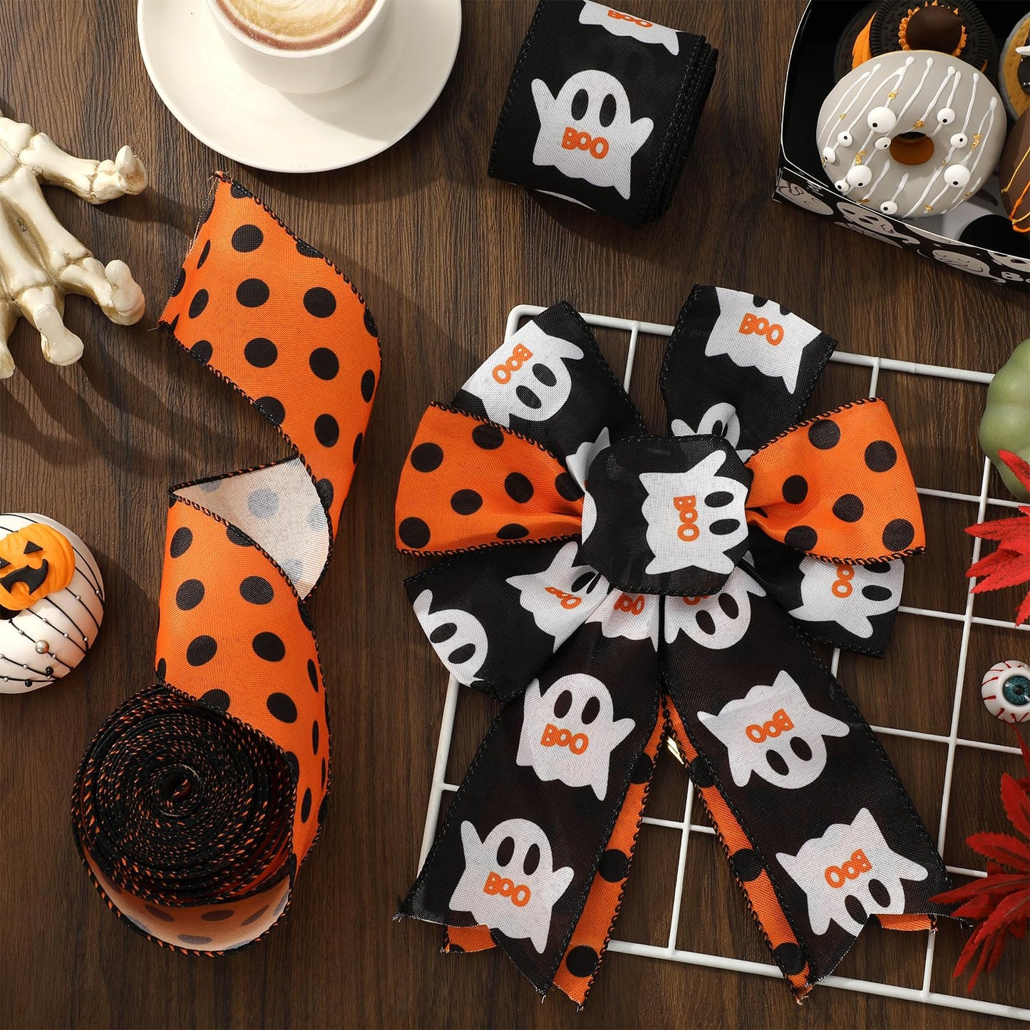 JarThenaAMCS Halloween Wired Edge Ribbon 2.5 Inch 20 Yards Orange Black Ghost Dots Ribbon Spooky Gift Wrap Ribbon for Bow Wreath Craft Party Decor, 2 Roll