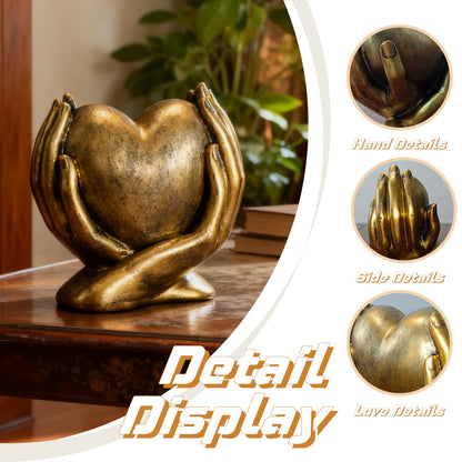 Gold Heart Hands Sculpture Boho Home Decor Accents Love Statue Living Room Decoration, Ideal for Coffee Table, Shelves, Home, Bedroom, Birthday, Wedding Love Table Decor