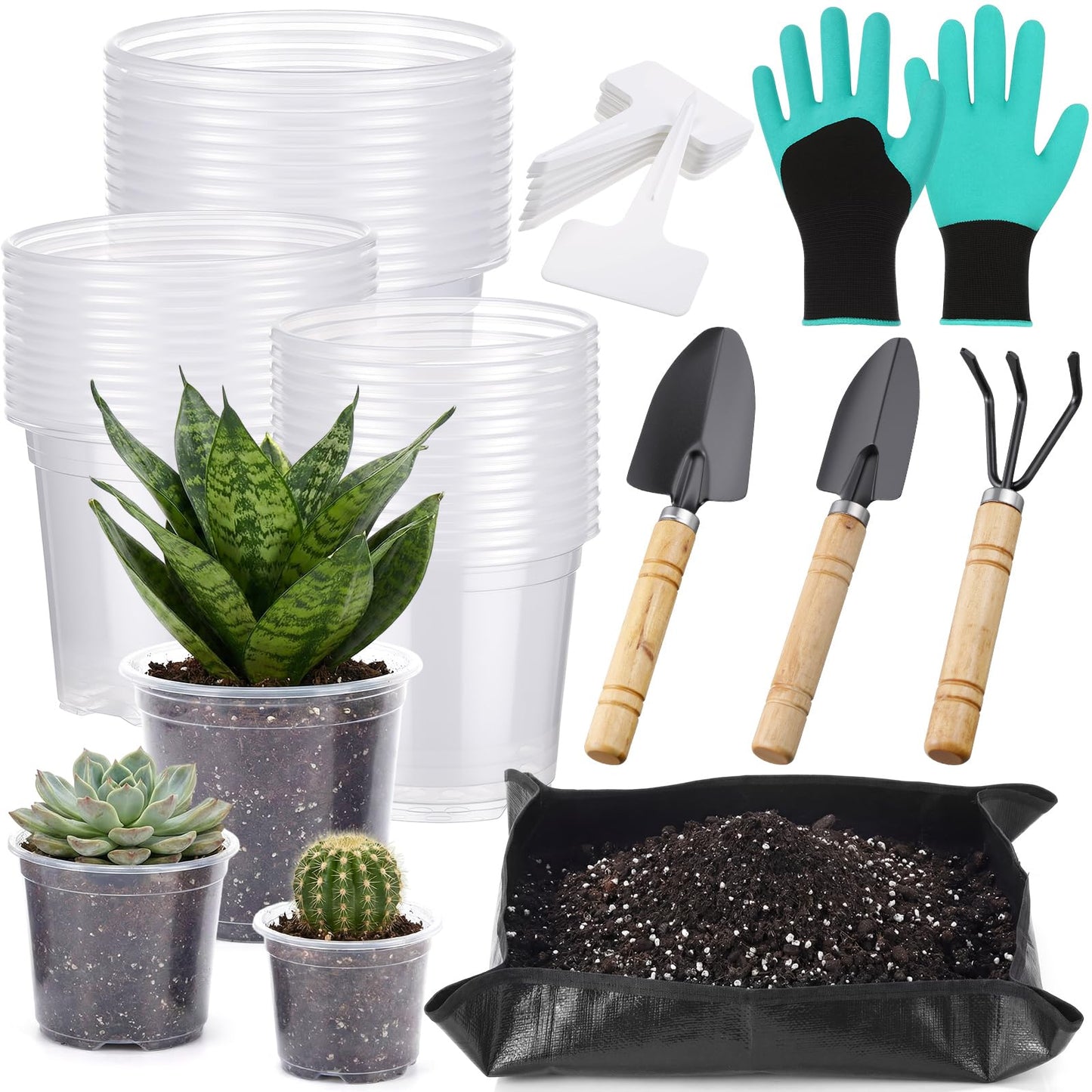Yiyiring 83 Pcs Garden Supplies Tools Kit, 3/4/5 Inch Clear Plastic Plant Pots with Transplanting Mat, Trowel Cultivator Rake Set, Label & Glove, Succulent Tools Gift for Plant Lovers Accessory