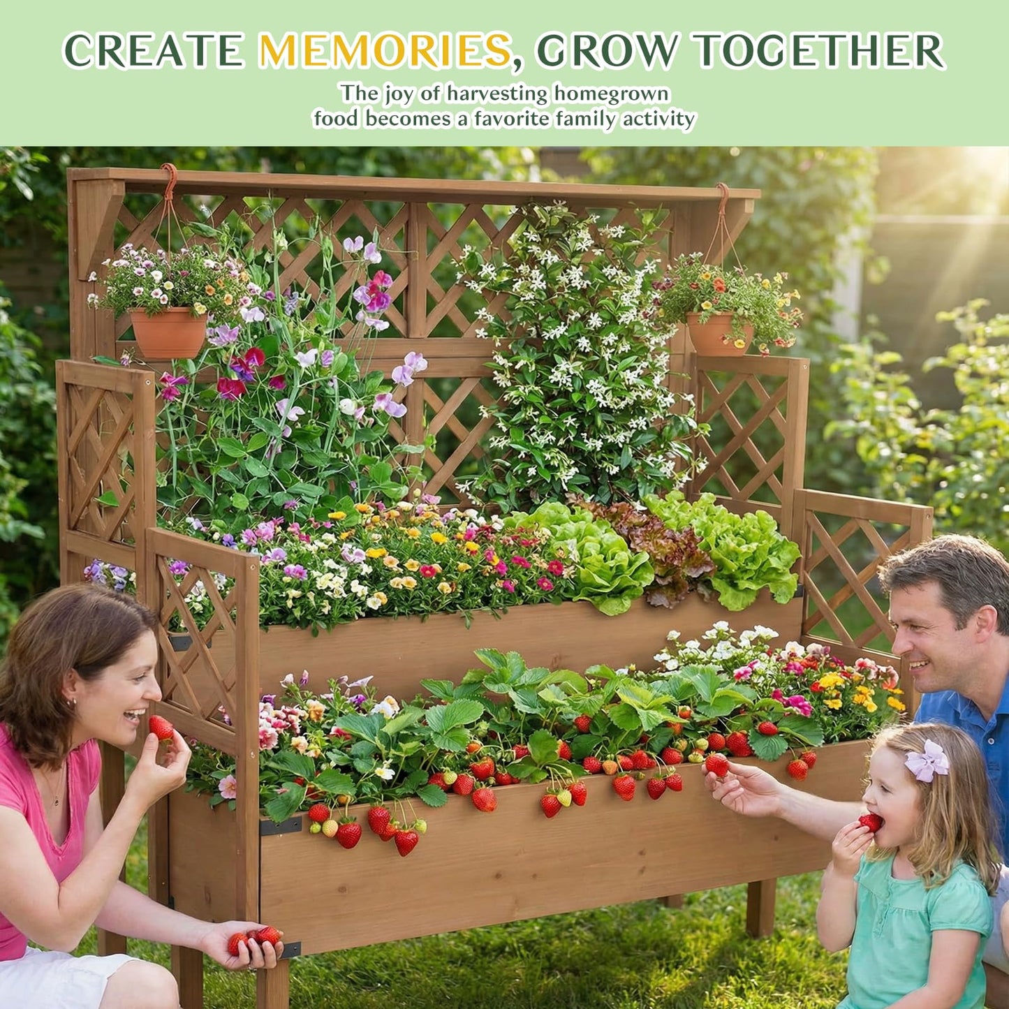 Magazoopet Raised Garden Bed with Trellis, 47''H Outdoor Flower Plant Stand with Two Planting Areas, Top Shelf, Liner, Elevated Garden Beds for Climbing Plants, Herb, Gift for Gardening, Brown