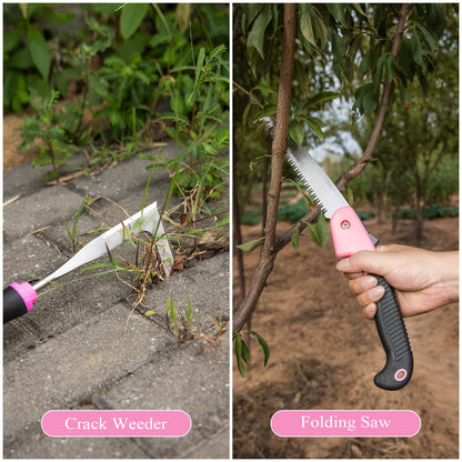 HLWDFLZ Pink Garden Tool Set Gardening Items for Women - 24PCS Heavy Duty Garden Tools with Detachable Storage Bag, Succulent Tool Set, Weeder