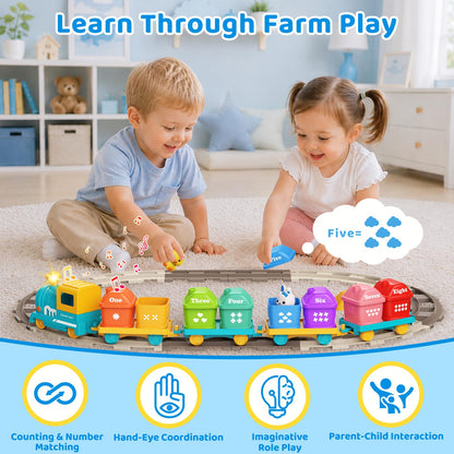 Cmiolacuna Train Set for Toddlers 2-4, Electric Toddler Train Set with Farm Animals, Music & Lights, Montessori Counting & Sorting Learning Toy, Birthday Easter for Boys Girls (Blue/Yellow)