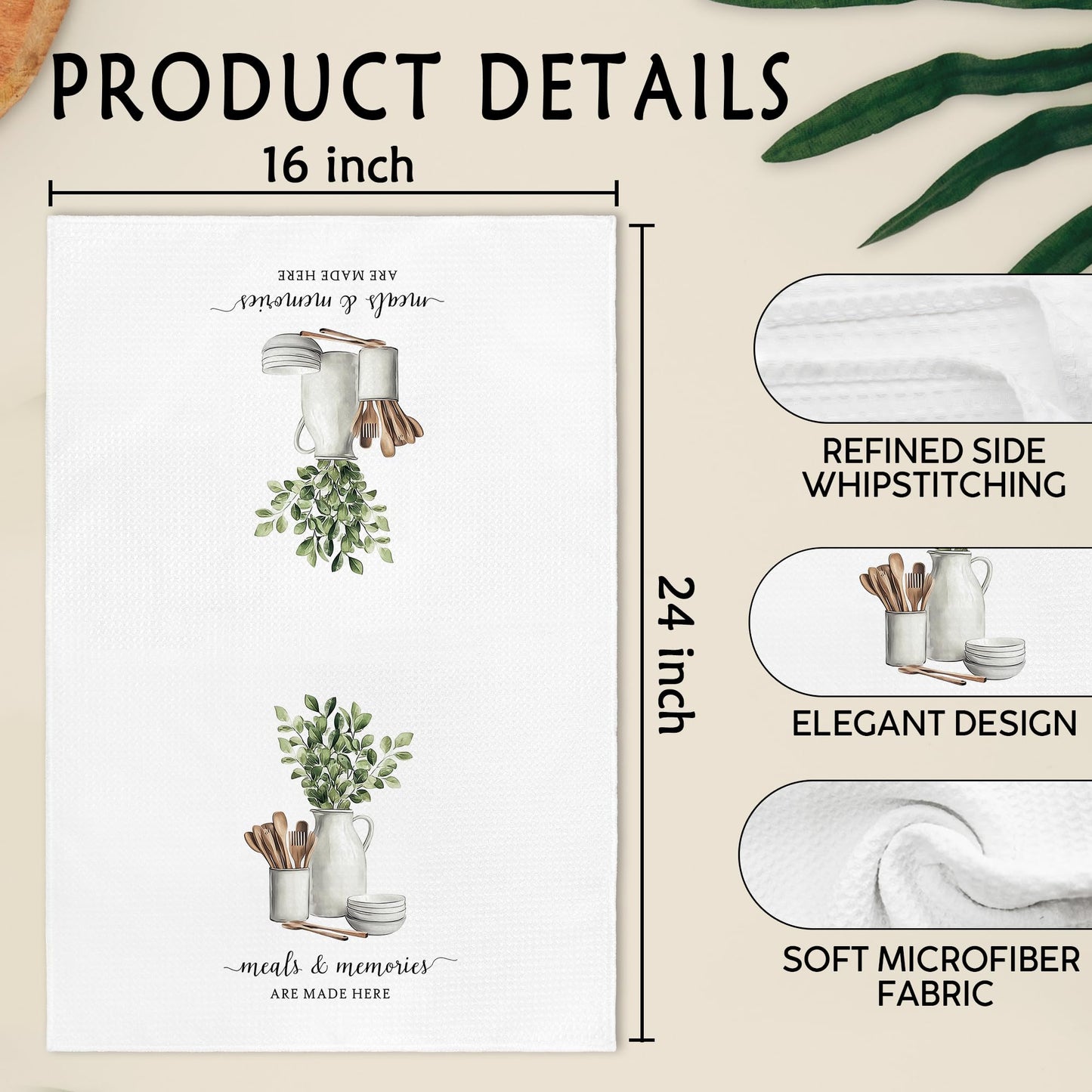 Gnmduw Eucalyptus Leaves Kitchen Towels, Sage Green Farmhouse Cooking Hand Towels Set of 2, Meals and Memories Are Made Here Hand Dish Tea Towel for Kitchen Bathroom Decor, Baking Gift for Chef,16x24