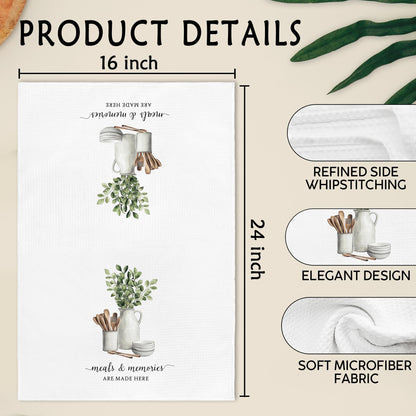 Gnmduw Eucalyptus Leaves Kitchen Towels, Sage Green Farmhouse Cooking Hand Towels Set of 2, Meals and Memories Are Made Here Hand Dish Tea Towel for Kitchen Bathroom Decor, Baking Gift for Chef,16x24