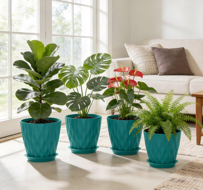 UOUZ 8 Inch Plant Pots, 4 Pack Plastic Planters for Indoor Outdoor with Drainage Holes & Saucers, Waffle Texture Flower Pots for Indoor Plants, Indoor Plant Pots for Monstera, Fiddle Leaf Fig Blue
