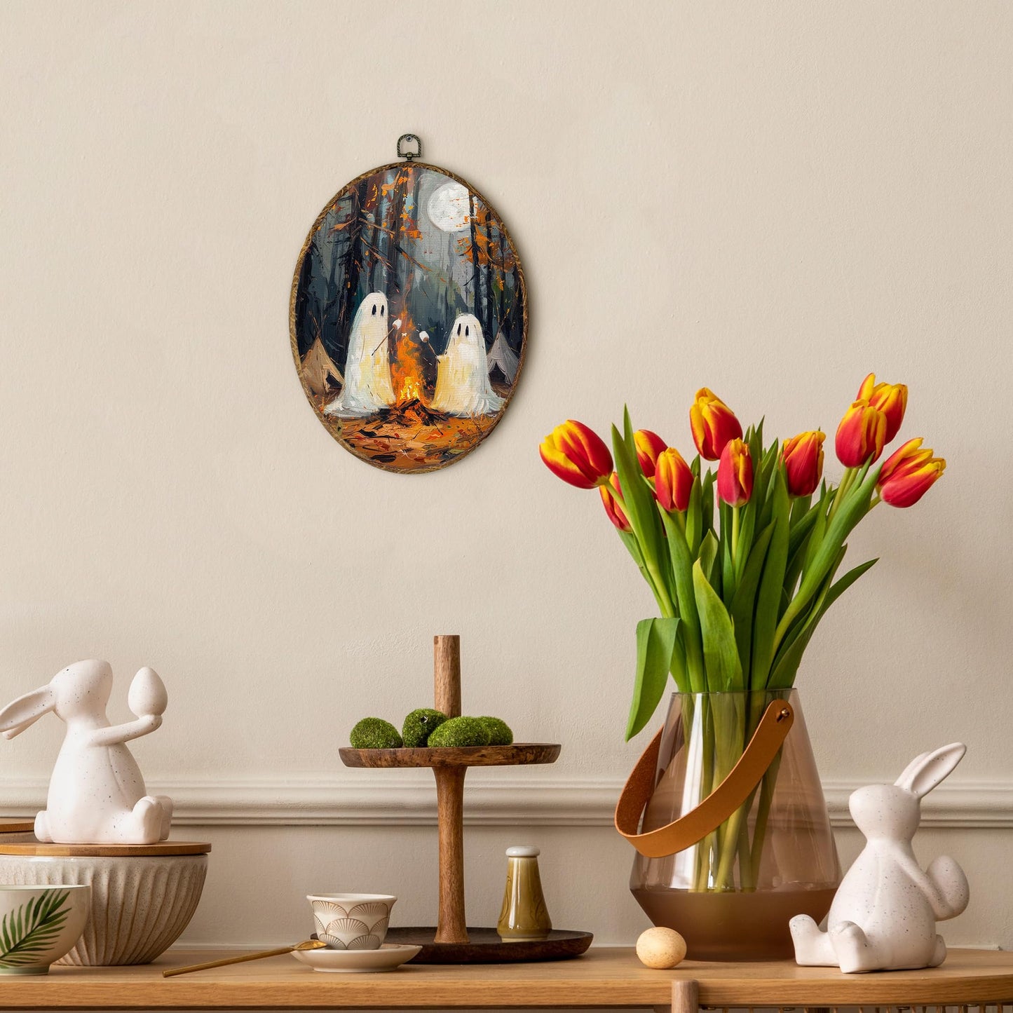 EGVQK Cute Halloween Ghost Oval Wall Art Decor, Dark Academia Framed Canvas Prints Wall Art, Ghost Toasted Marshmallow Oval Canvas Hanging Decor for Halloween Decorations Indoor Living Room,8.5x11.5in