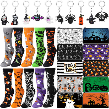 Dansydaisy 30 Pcs Halloween Gift Bulk for Women Halloween Spider Webs Makeup Cosmetics Bags and Skeleton Bats Ghosts Pendant Ornament Keychains Pumpkin Socks Gothic Gift for Trick or Treat Party Favor