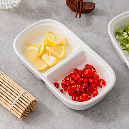 KAMAIDI 2PCS Ceramic Dishes, Ceramic Dish Stainless Steel Soy Tomato Sauce Salt Vinegar Sugar Spices Flavor Condiment Dip Bowls Korean BBQ Home Kitchen Plates, Two condiment bowls (2 Grids White)