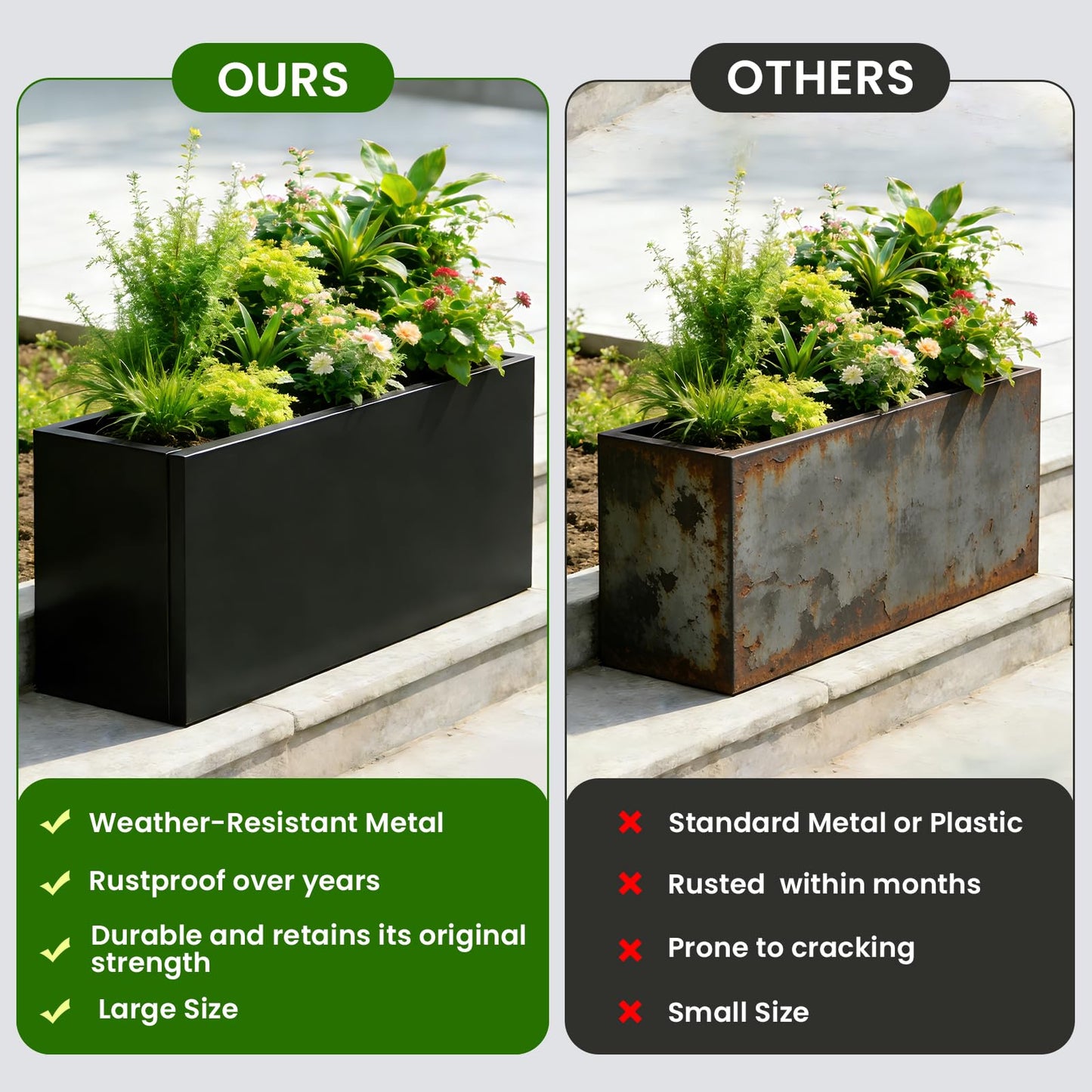 XHIKOWAT Large Rectangular Metal Planter Boxes - 35" Lx15 Wx15 H Balcony Flower Bed with Drainage Holes & Raised Bottom for Outdoor Indoor Garden Patio Porch Lawn, Black