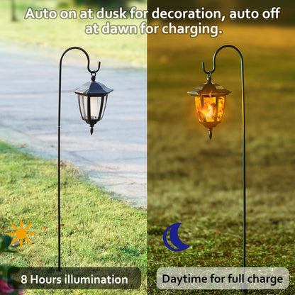 Dynaming 6 Pack Solar Flame Hanging Lights Outdoor, Halloween Solar Flickering Flame LED Garden Lanterns with 6 x 38 Inch Shepherd Hooks, Christmas Lighting for Lawn Patio Yard Pathway Driveway