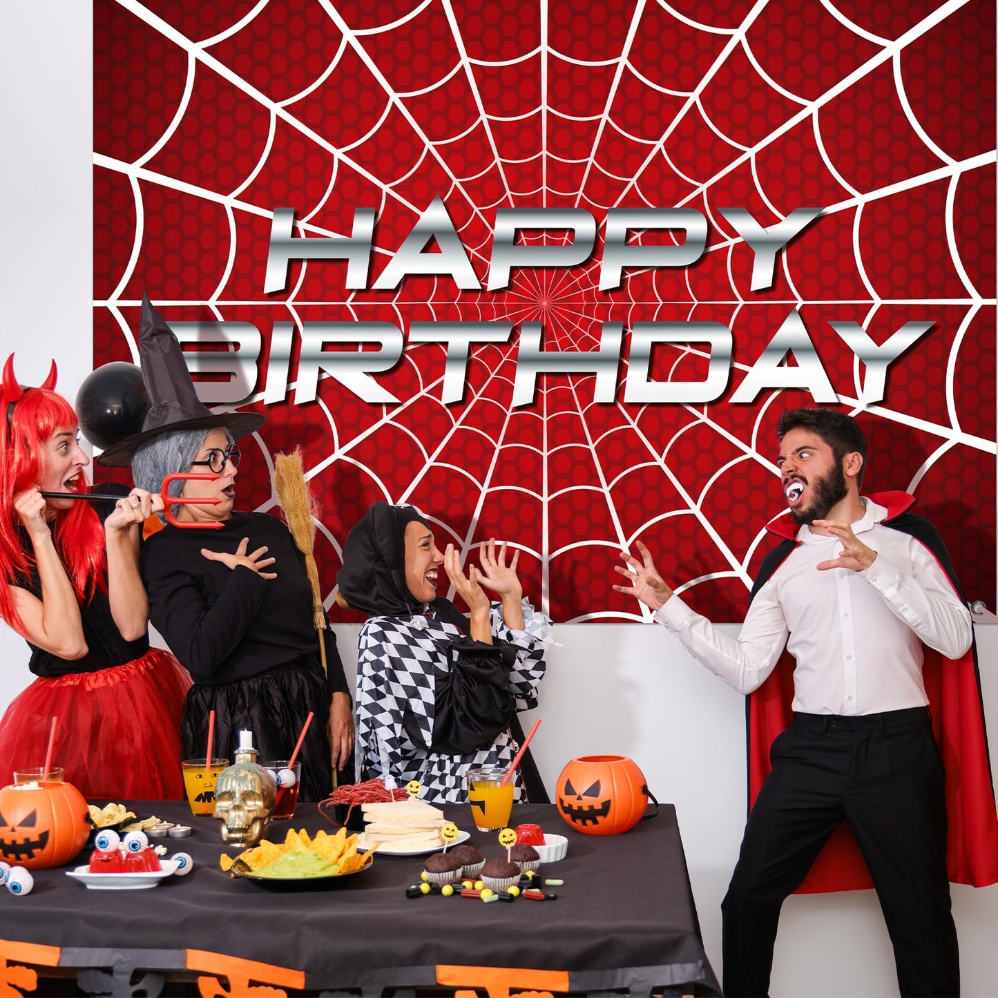 HunnmingRe 7 x 5 ft Happy Birthday Spider Web Backdrop Party Decoration Supplies Theme Banner Backdrop Decor for Birthday Party Photography Background Photo Props