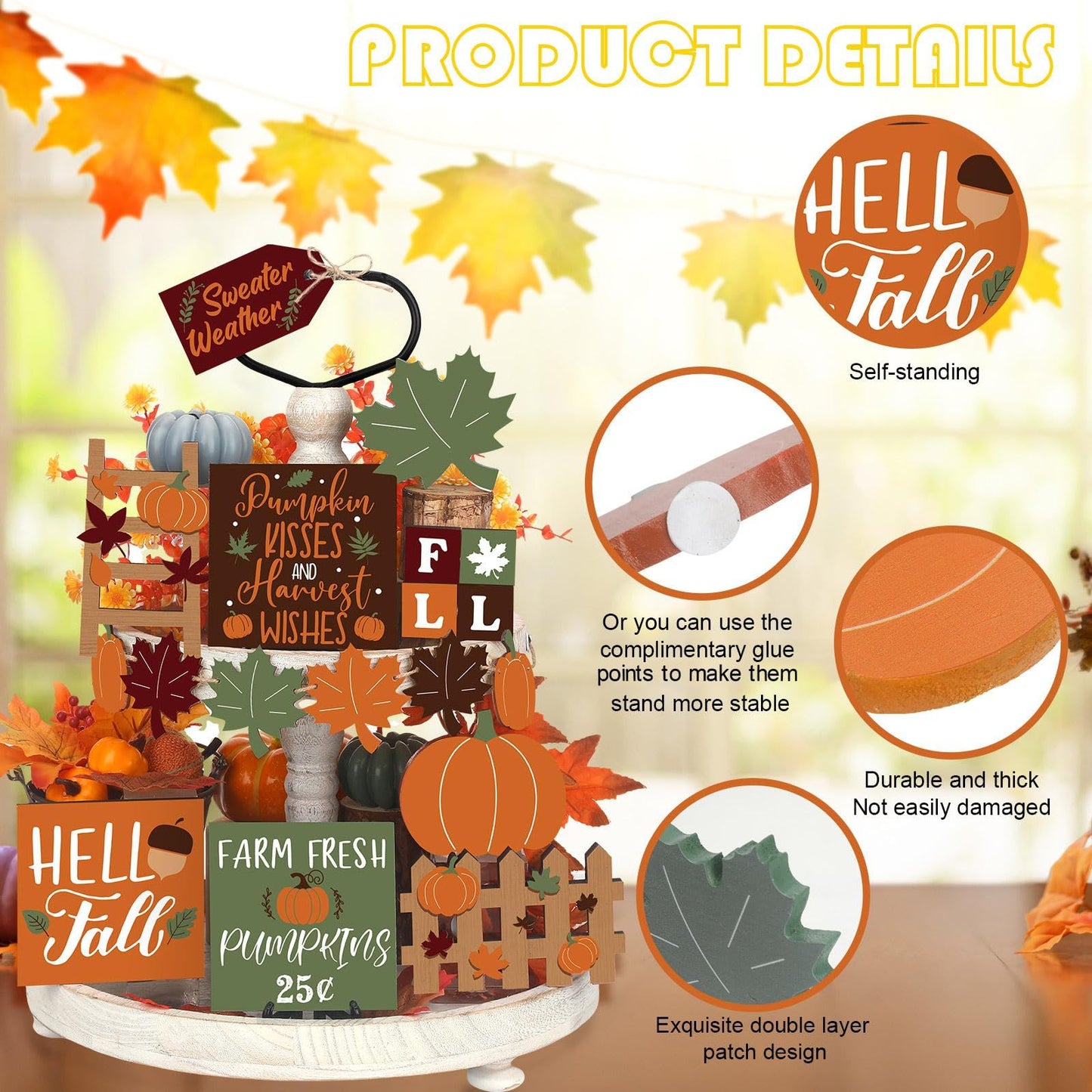 BBTO Set of 15 Fall Tiered Tray Decor Pumpkins Farmhouse Decor Autumn Maple Leaf Thanksgiving Table Centerpieces Harvest Wood Blocks Signs for Home(Fresh Style)