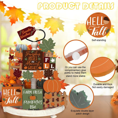 BBTO Set of 15 Fall Tiered Tray Decor Pumpkins Farmhouse Decor Autumn Maple Leaf Thanksgiving Table Centerpieces Harvest Wood Blocks Signs for Home(Fresh Style)