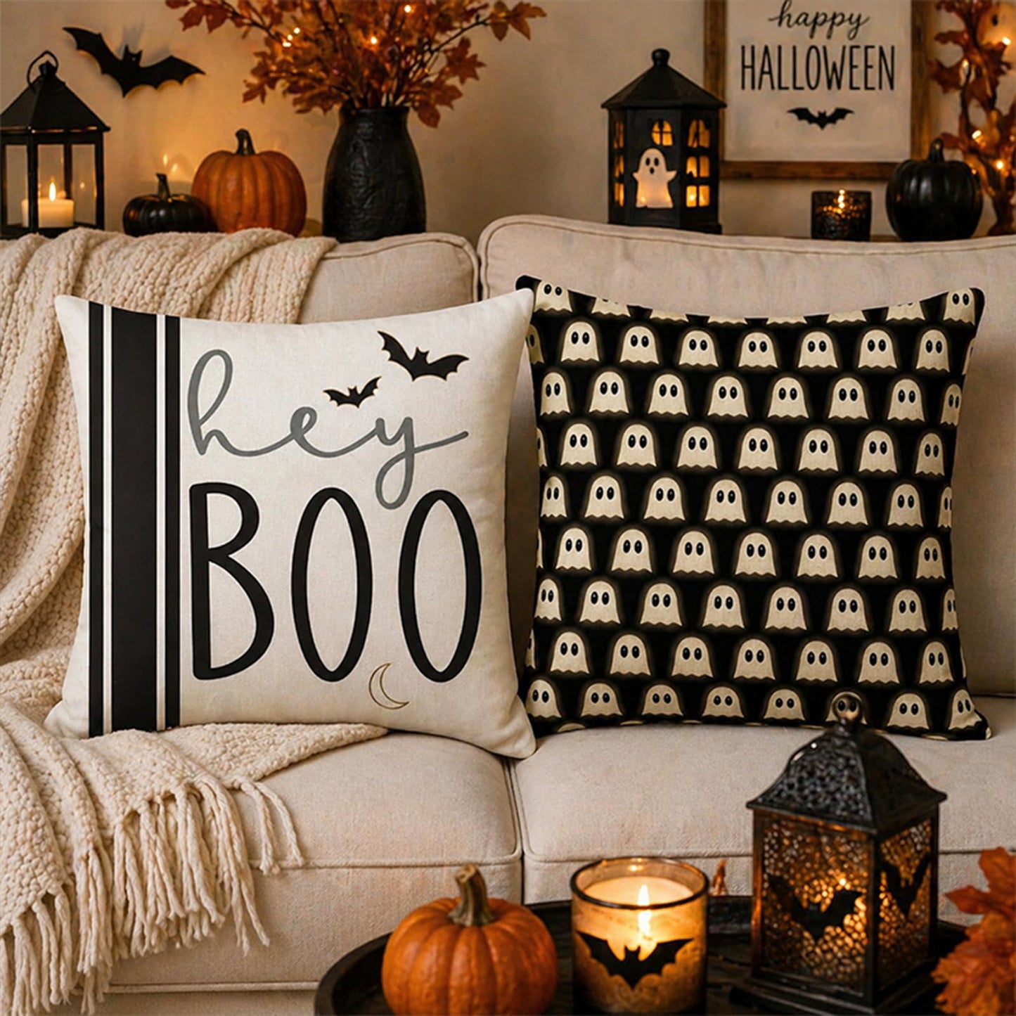 Juynyyn Halloween Hey Boo Cute Ghost Spooky Throw Pillow Covers, 18 x 18 Inch Horror Scary Cushion Case for Sofa Couch Set of 4