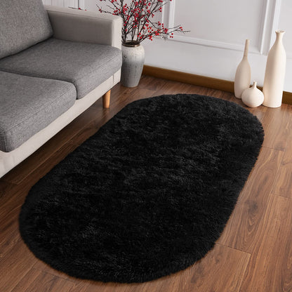 Softlife Fluffy Rugs for Bedroom, Shag Cute Area Rug for Girls and Kids Baby Room Home Decor, 2.6 x 5.3 Feet Oval Indoor Carpet for Nursery Dorm Living Room, Black