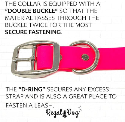 Regal Dog Products Small Pink Waterproof Dog Collar and Leash Set | Heavy Duty Double Buckle & D Ring - 5'ft Leash | Adjustable Biothane Dog Collar | Chew Resistant Waterproof Collar for Dogs