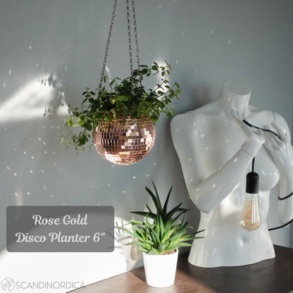 SCANDINORDICA Disco Ball Planter 6" Rose Gold with Chain and Macrame Hanger and Disco Ball Planter Pot 4.3" with Saucer (0.2x0.2 mirror tiles)