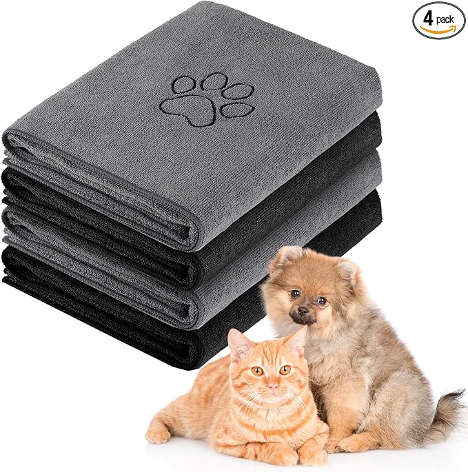 Chumia 4 Pack Dog Towels for Drying Large Microfiber Grooming Tools Absorbent Soft Bath Supplies with Embroidered Paw for Small Medium Pet Products(16 x 32 Inch,Gray, Black)