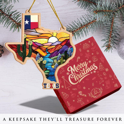 Texas Stained-Glass Look Ornament, Double-Layer Wood & Acrylic State Shape with Flag, Bluebonnets & Cactus, Christmas Ornament for Tree, Ready-to-Gift
