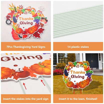 Arosche Thanksgiving Yard Signs 7pcs with Stakes Happy Thanksgiving Decorations Outdoor Turkey Pumpkin Leaf Harvest Garden Wall Porch Signs Seasonal Holiday Party Supplies Lawn Yard Decorations