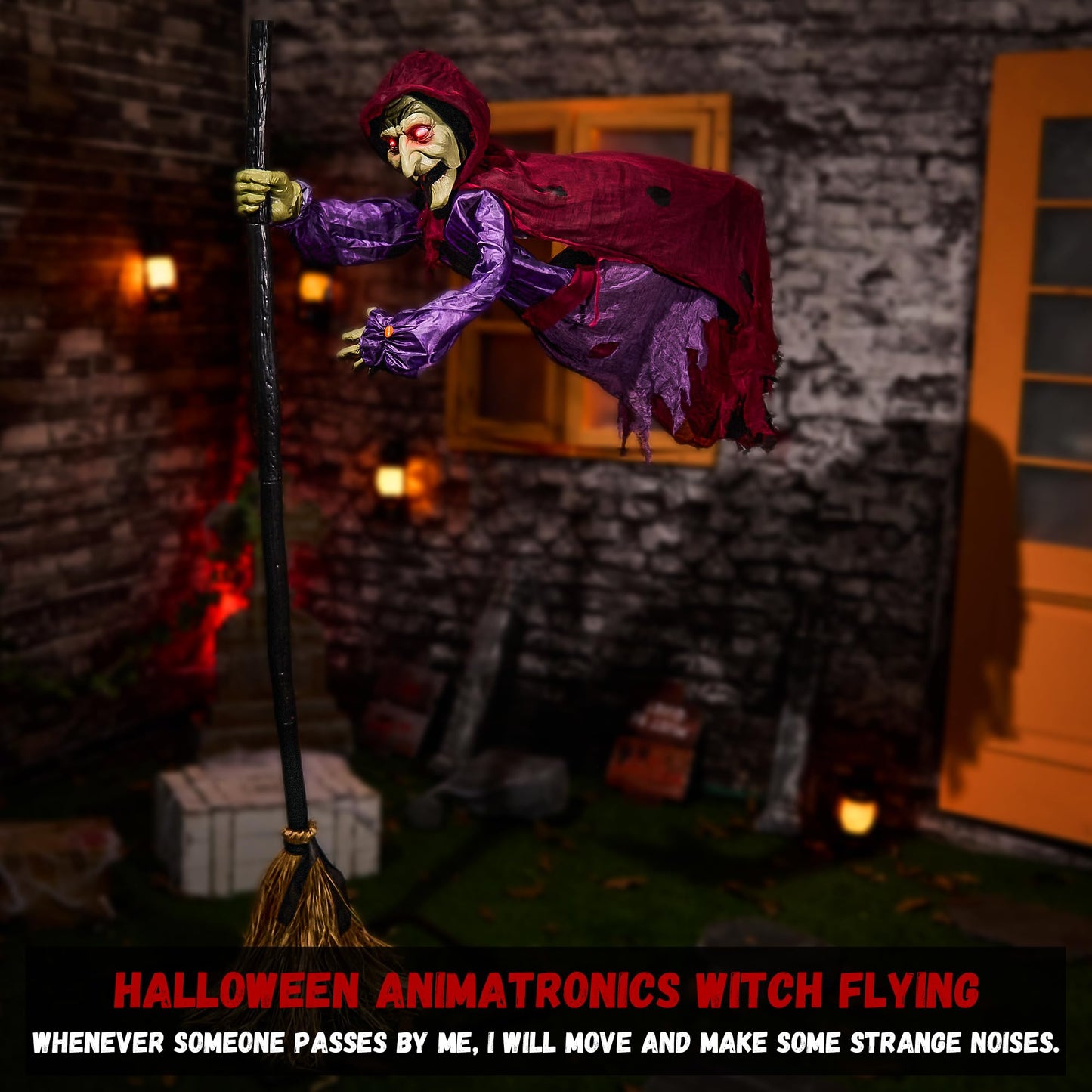 Halloween Animatronics Flying Witch Decorations, 6ft Animated Floating Witch with Sound Activated, Creepy Talking Sound, Mouth Move, Light Up Eyes, Haunted Decor Horror Prop for Outdoor, Yard Lawn
