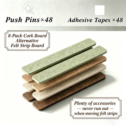 Felt Strip Bulletin Board,8-Pack Cork Board Alternative Bar Strips Boards–13" x 2" Felt Wall Tiles with 48 Push Pins&48 Adhesive Tapes,Removable Adhesive Install Felt Pin Board for Wall,Home Office