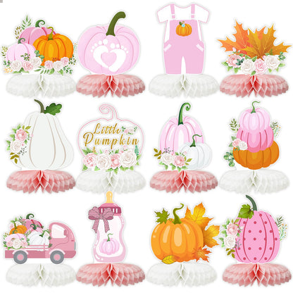 12 PCS Little Pumpkin Baby Shower Decorations 3D Honeycomb Centerpiece Fall Party Table Decor for Girls Pink Table Toppers Honeycomb Gifts for Birthday Party Supplies