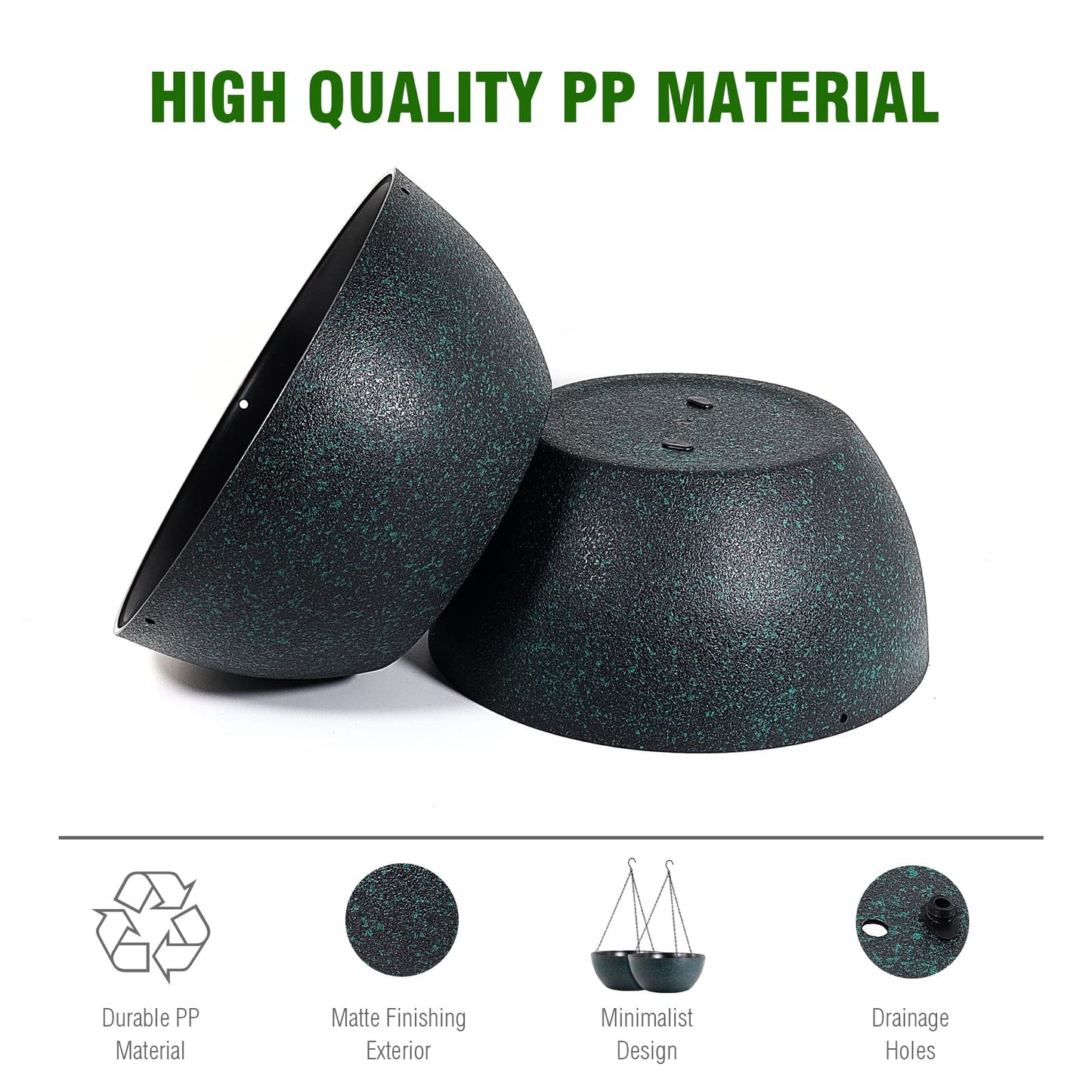 WOUSIWER 13 inch 2 Pack Large Hanging Planters for Indoor Outdoor Plants with Drainage Holes and Chain, Round Hanging Flower Pots for Garden Home Porch Decor, Black with Green Speckles