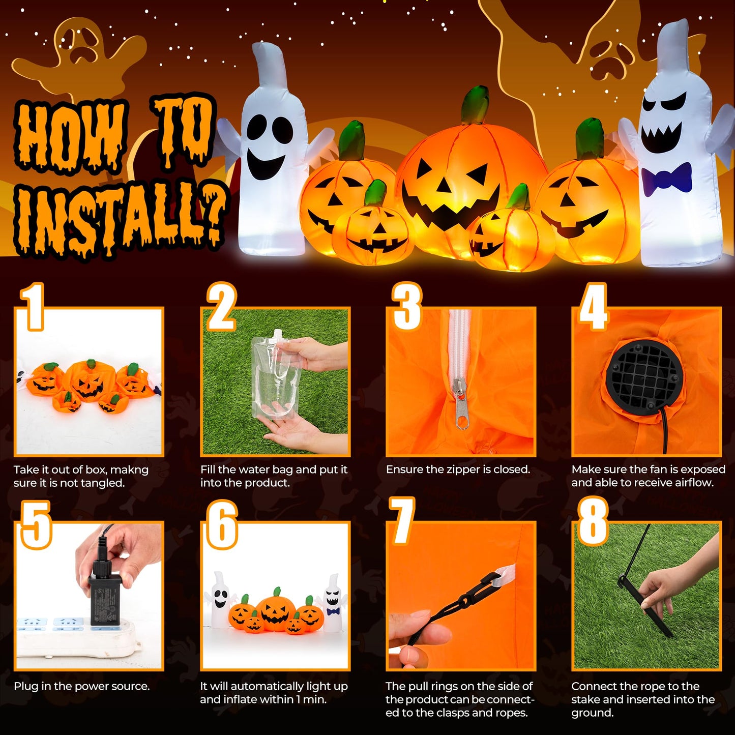GIGALUMI 7.5FT Inflatable Halloween Decorations Pumpkin, Inflatable Pumpkin Decor Outdoor, Halloween Blow Up Pumpkins for Outside,Party,Garden(Cold White,7 Built-in LED Lights Set)
