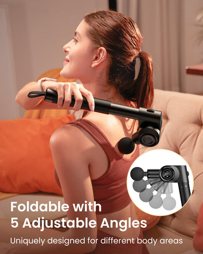 NAPRE Foldable Massage Gun Deep Tissue with 5 Adjustable Angles,Portable Handheld Percussion Back Massager for Muscle/Neck/Body Pain Relief with Long Extension Metal Handle,32-Speeds,with Carry Case