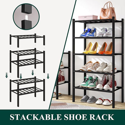 Smiry Small Bamboo Shoe Rack, 2 Tier Free Standing Wooden Shoe Organizer, Stackable Wood Shoe Storage Shelf for Closet, Entryway, 12 Vertical Slats, One-piece Standard Legs, 17.3"x11"x13", Black