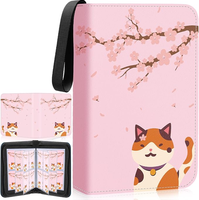 Premium 4 Pocket Trading Card Binder,400 Capacity with 50 Removable Sleeves | PU Leather Zipper Album Book for Sports Cards, Game | Card Storage & Organization for Girls Collector Sakura Pink